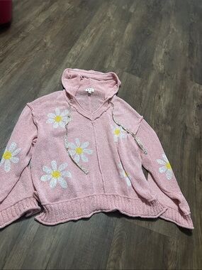 POL Pink Daisy V-Neck Hoodie Sweater